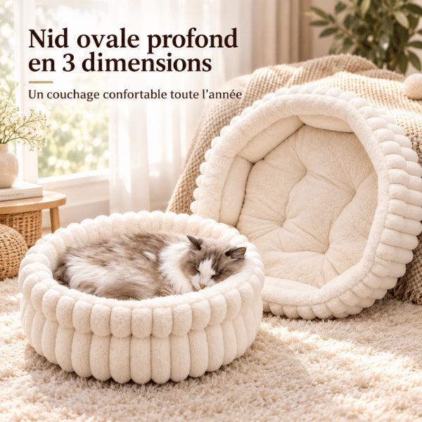 Coussin enveloppant chat en trois tailles pour repos profond toute l’année