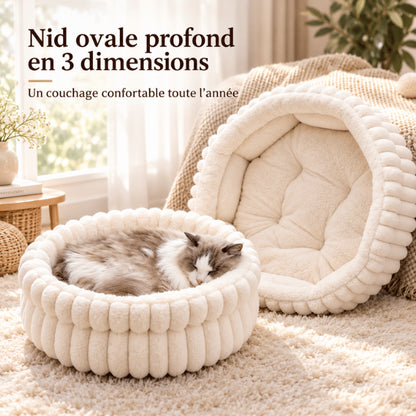Coussin enveloppant chat en trois tailles pour repos profond toute l’année