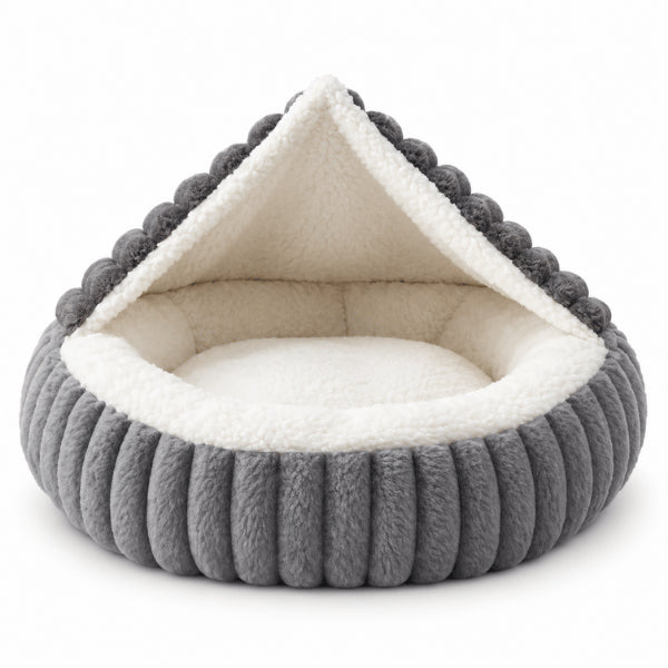 Nid pour chaton gris semi fermé avec capuche et coussin moelleux