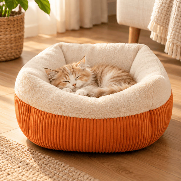 Nid chaton orange en fourrure chaude accueillant un félin profondément endormi