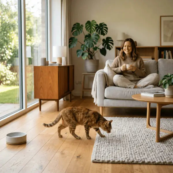 Nouveau chat découvrant sa maison dans un salon apaisant