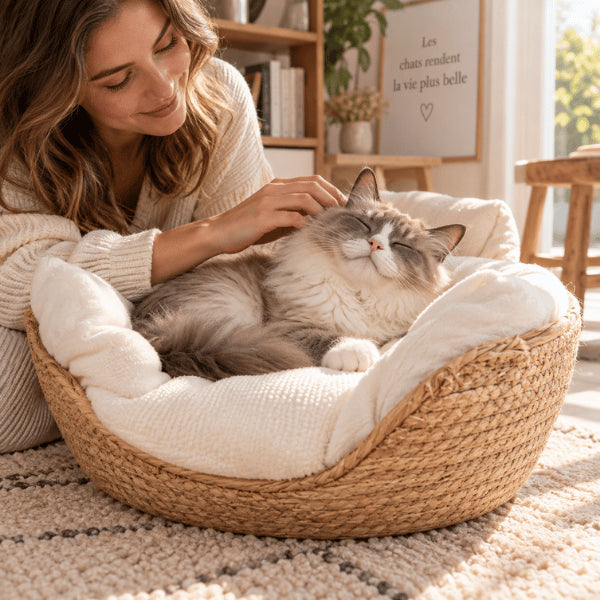 Panier en bambou pour chat avec coussin moelleux pour repos apaisant