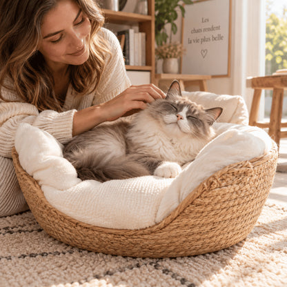Panier en bambou pour chat avec coussin moelleux pour repos apaisant
