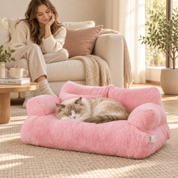 Panier canapé pour chat rose procurant repos enveloppant et sommeil apaisant