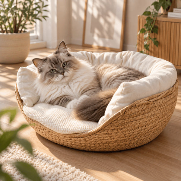 Panier chat bambou naturel avec coussin blanc moelleux et rebords enveloppants