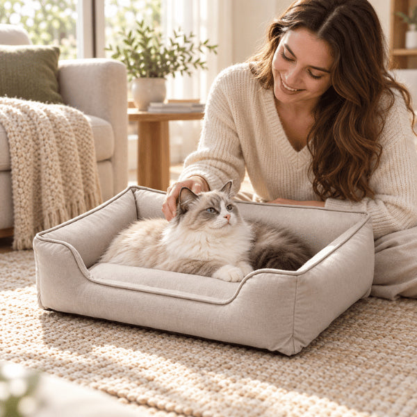 Panier chat beige rembourré offrant un espace confortable pour repos intérieur