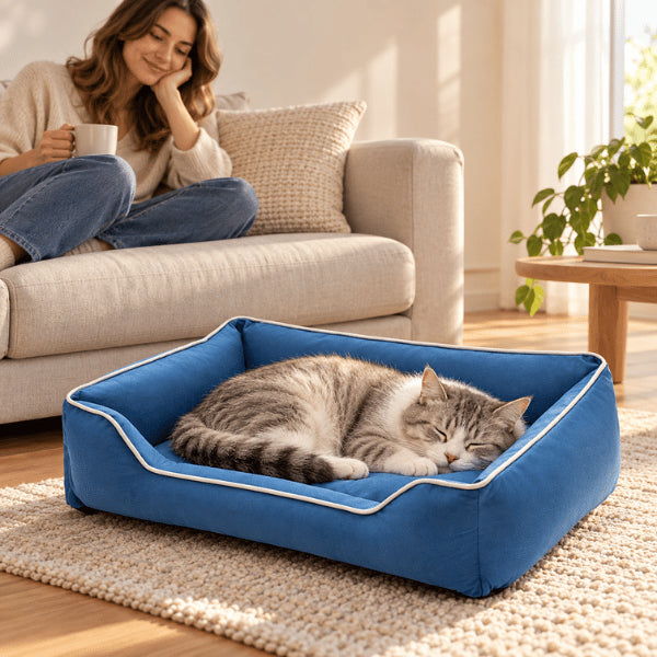Panier chat bleu avec coussin rembourré pour sommeil calme et réparateur