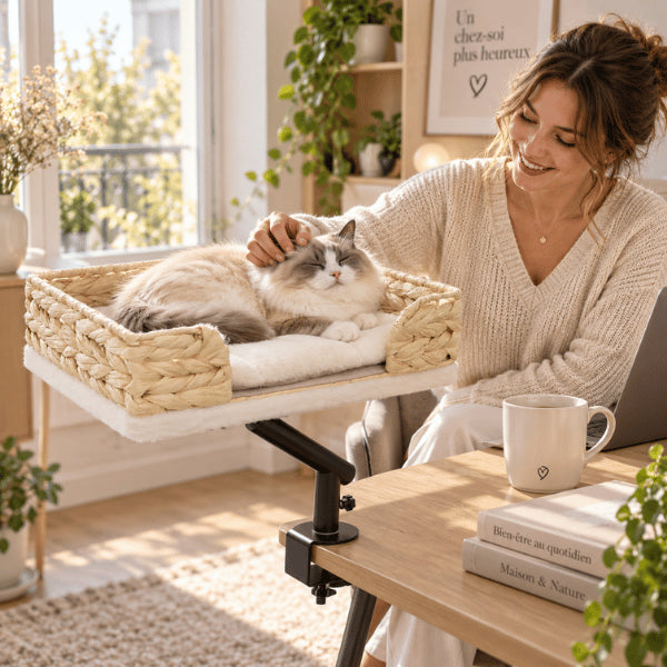 Panier de bureau en osier pour chat fixé près de son propriétaire