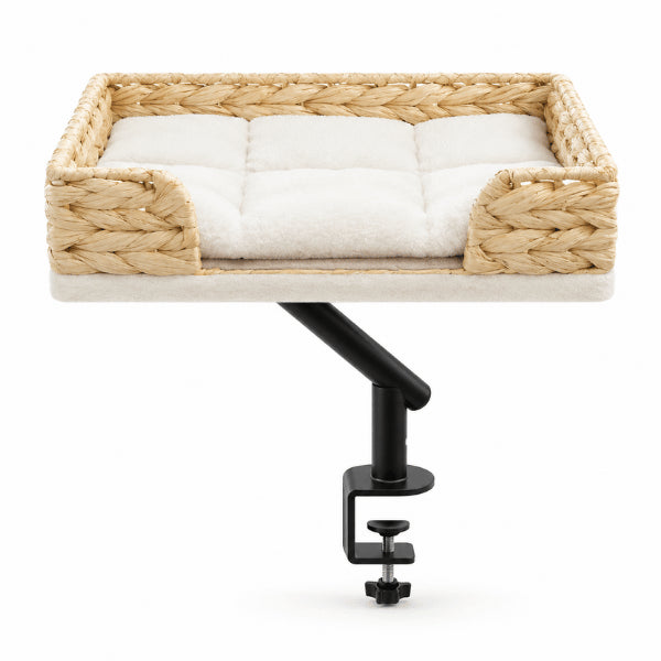 Lit en osier pour chat de bureau surélevé tressé avec coussin rembourré confortable