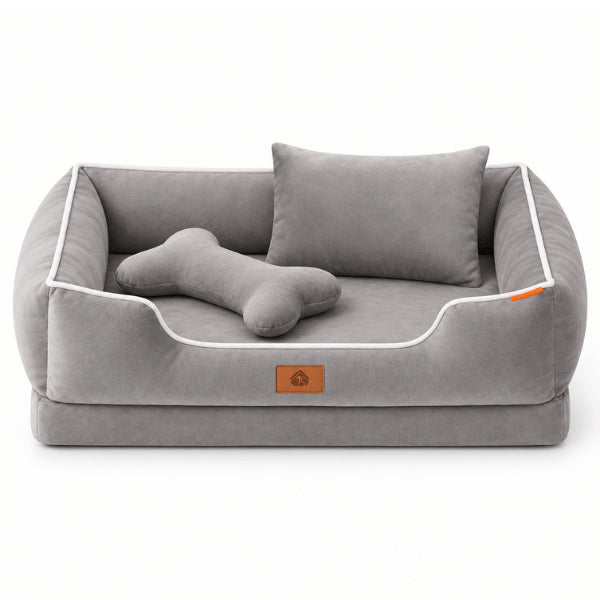 Panier chat gris avec coussin os et oreiller pour davantage de confort