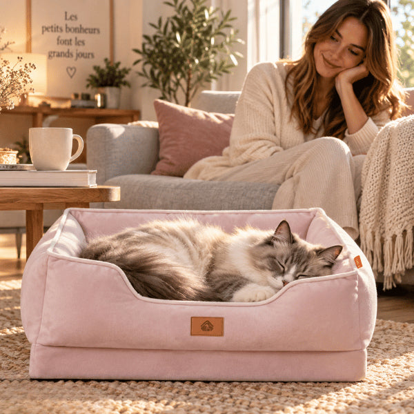 Panier chat rose enveloppant pour dormir paisiblement dans un cocon moelleux