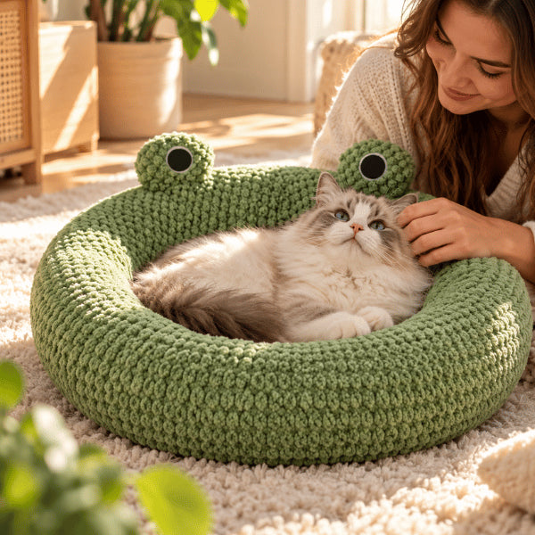 Panier pour chaton grenouille à rebord rembourré offrant un repos rassurant