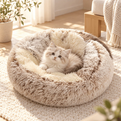 Panier chatons rond en peluche moelleuse avec couchage ouvert et enveloppant