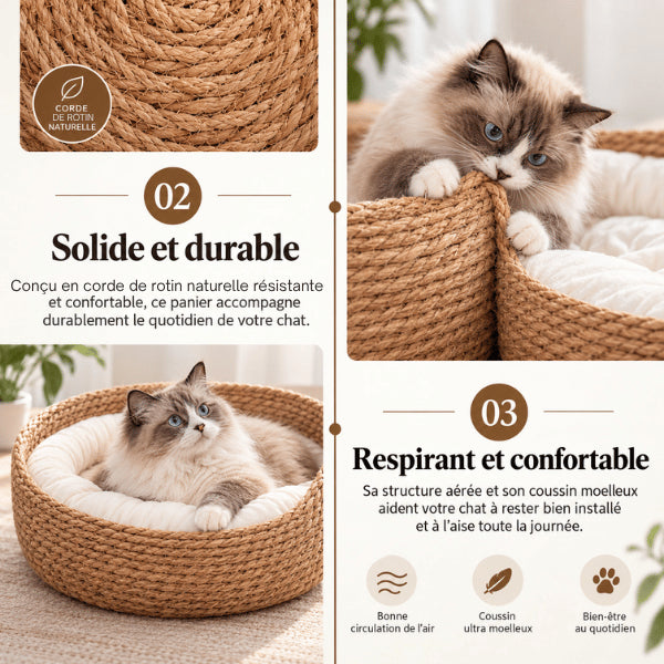 Panier en osier pour chat respirant en rotin naturel avec coussin moelleux