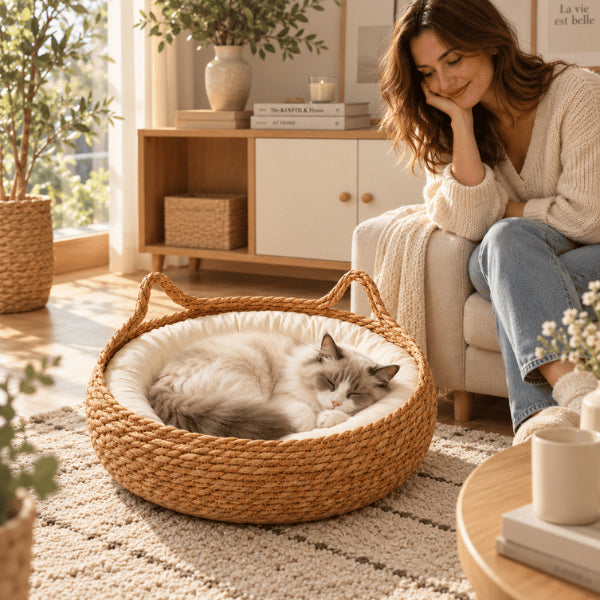 Panier en osier pour chat avec coussin blanc pour sommeil confortable