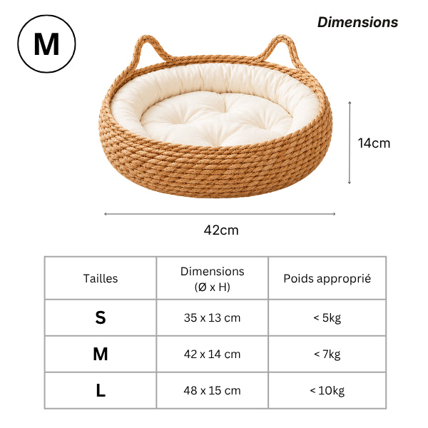 Panier en osier pour chat disponible en trois tailles selon son gabarit