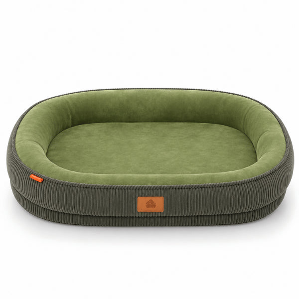 Panier pour chat gris vert avec surface moelleuse et contour protecteur