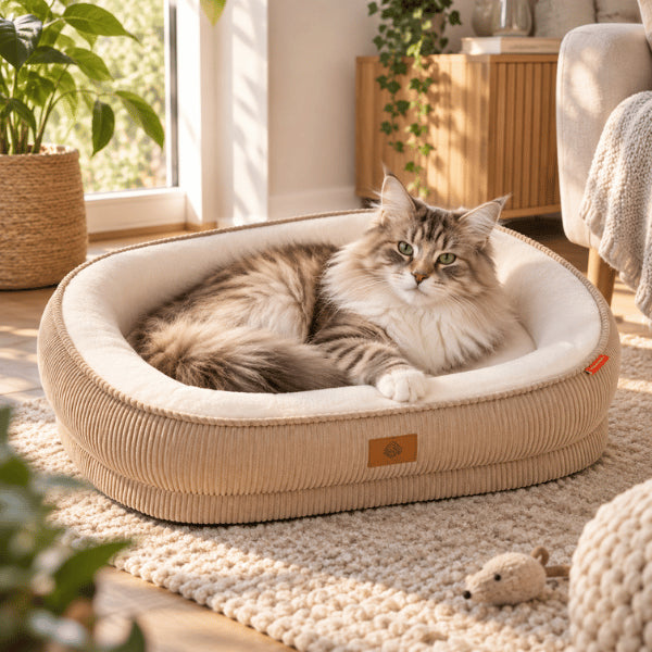 Panier pour chat marron thé spacieux accueillant confortablement un grand félin