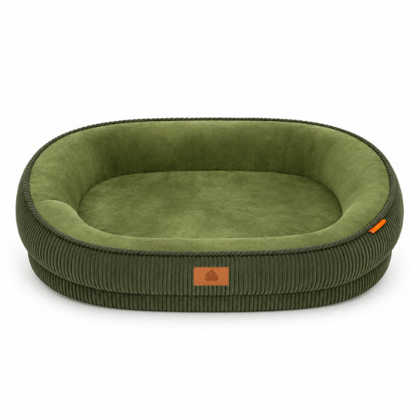 Panier pour chat vert jardin avec bordure côtelée et intérieur moelleux