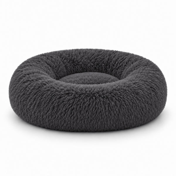 Panier rond pour chat gris foncé en fourrure moelleuse à rebord épais