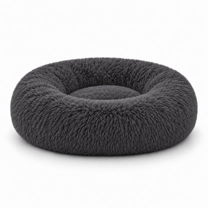 Panier rond pour chat gris foncé en fourrure moelleuse à rebord épais