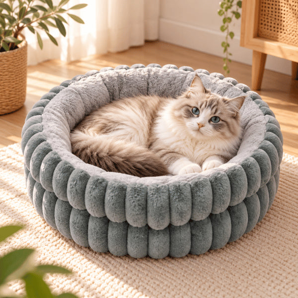 Panier rond chat gris côtelé avec rebord épais pour sommeil réparateur
