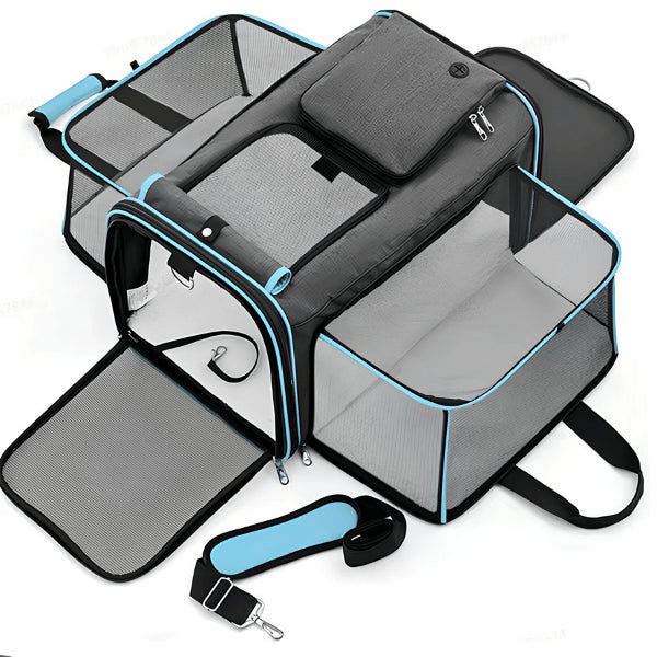 Panier de transport pour chat bleu avec extensions aérées et couchage spacieux