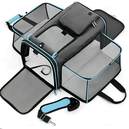 Panier de transport pour chat bleu avec extensions aérées et couchage spacieux