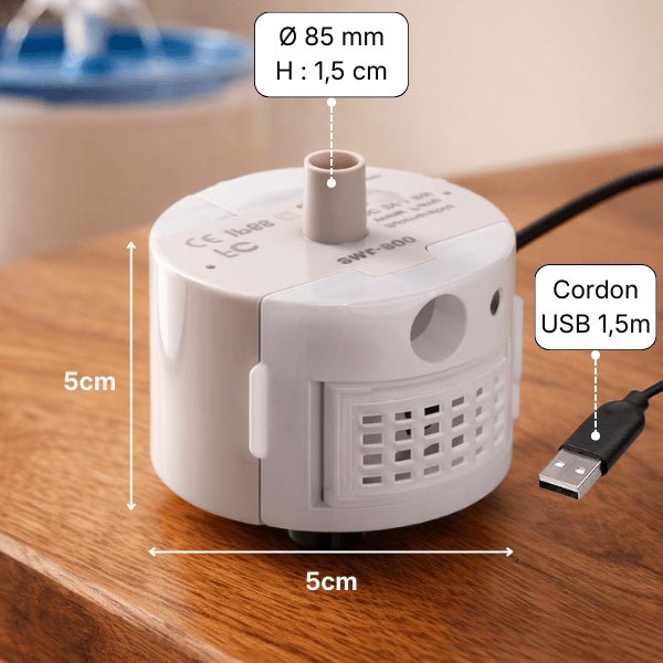 Dimensions de la pompe fontaine à eau chat avec câble USB