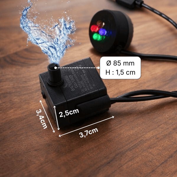 Pompe fontaine à eau pour chat avec jet d'eau 4 LED et dimensions indiquées