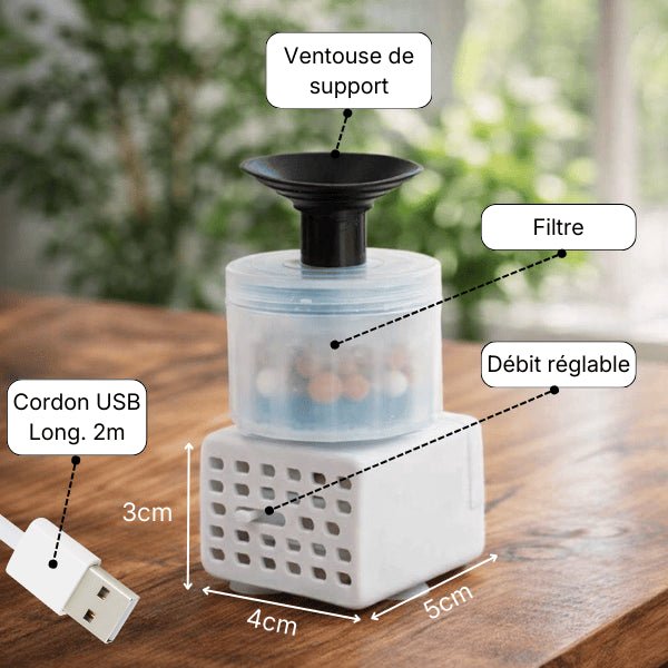 Dimensions de la pompe fontaine eau chat avec ventouse et câble USB