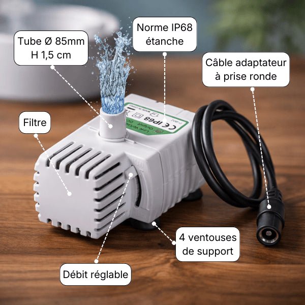 Détails techniques de la pompe fontaine pour chat avec filtre et étanchéité IP68