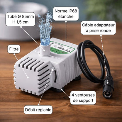 Détails techniques de la pompe fontaine pour chat avec filtre et étanchéité IP68