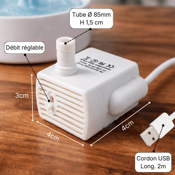 Dimensions de la pompe pour fontaine à chat avec débit réglable et câble USB