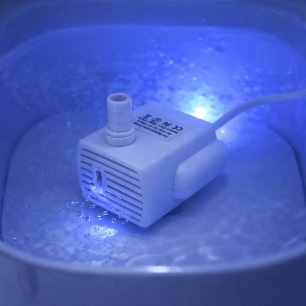 Pompe pour fontaine à chat immergée avec LED bleue en fonctionnement