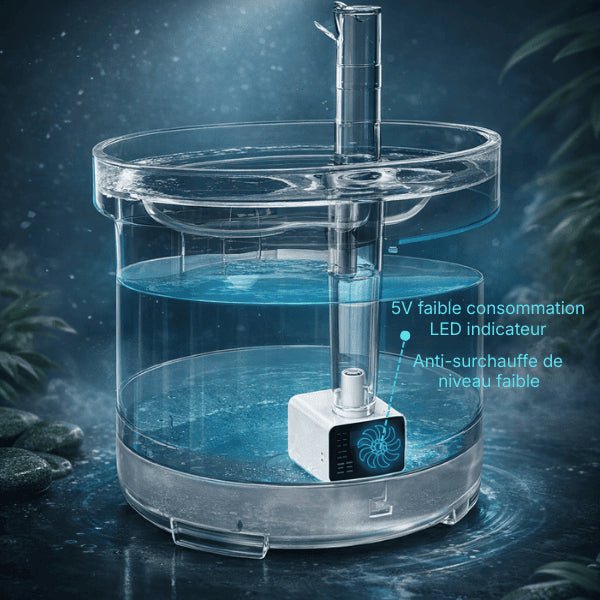 Pompe pour fontaine à chat installée avec indicateur LED et sécurité niveau d’eau