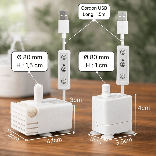 Pompe pour fontaine à eau pour chat avec télécommande USB et dimensions détaillées