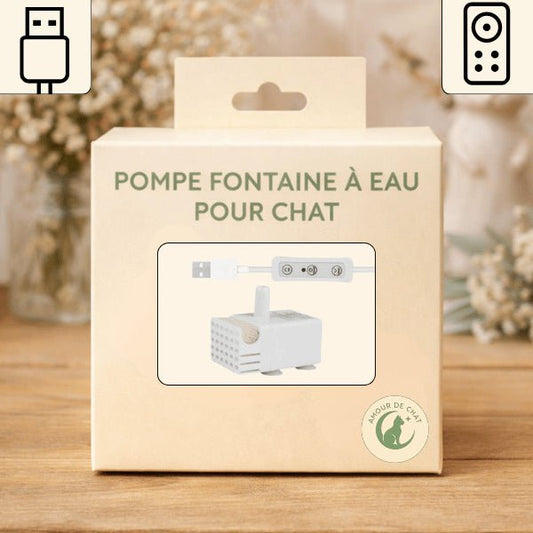 Pompe pour fontaine à eau pour chat présentée dans son emballage avec télécommande