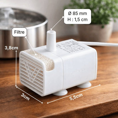Dimensions de la pompe pour fontaine eau chat avec filtre intégré