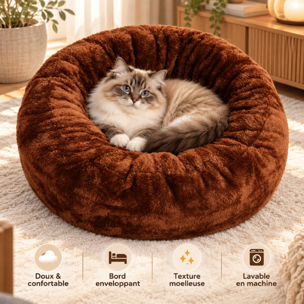 Pouf pour chats marron enveloppant avec rebords rembourrés et peluche chaude lavable en machine