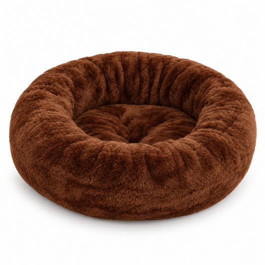 Pouf chat rond marron avec assise centrale moelleuse et bordure épaisse enveloppante