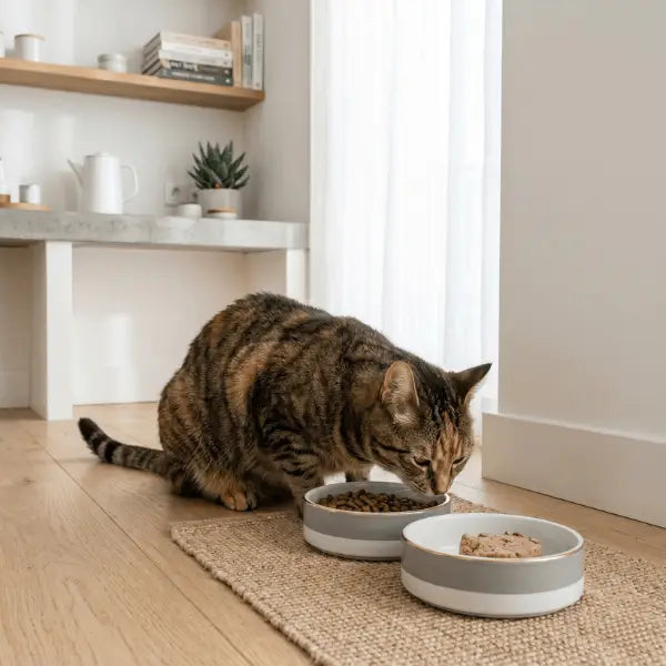 Chat profitant d’un repas sain dans un intérieur propre