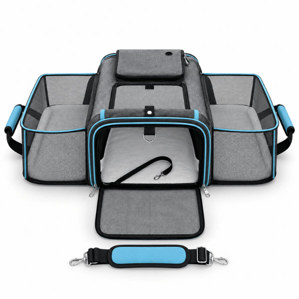 Sac de transport pour chat bleu extensible avec panneaux latéraux en maille