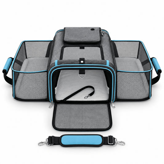 Sac de transport pour chat bleu extensible avec panneaux latéraux en maille