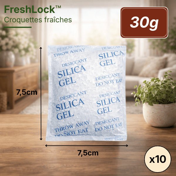 Sachet absorbeur d'humidité 30g en gel de silice pour distributeur de croquettes