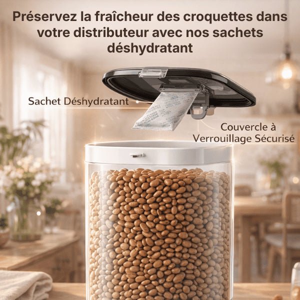 Sachet absorbeur d'humidité suspendu dans un distributeur de croquettes avec couvercle sécurisé