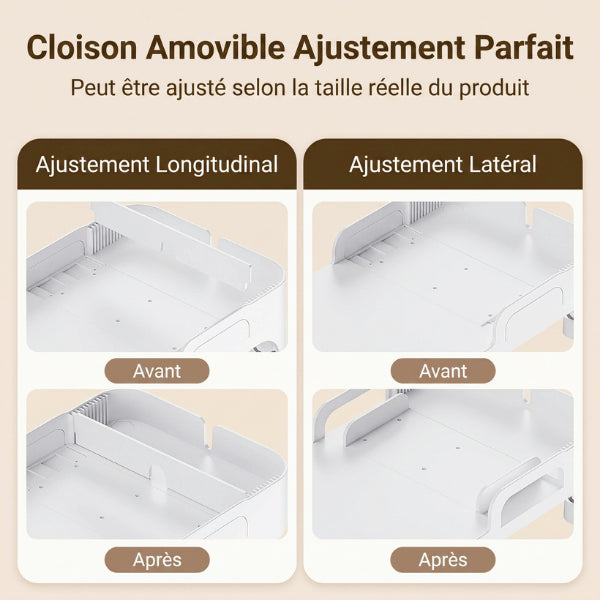 Support distributeur gamelle à cloisons réglables pour ajuster précisément différents équipements alimentaires