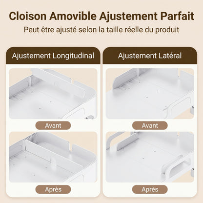Support distributeur gamelle à cloisons réglables pour ajuster précisément différents équipements alimentaires