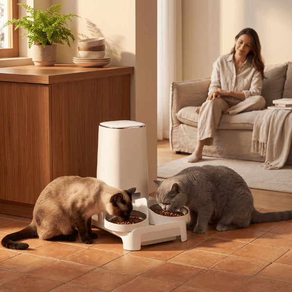 Support distributeur gamelle pour deux chats partageant confortablement un distributeur croquettes automatique