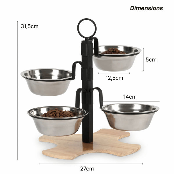 Support gamelle chat quatre bols inox hauteur réglable avec base de 27 cm de large